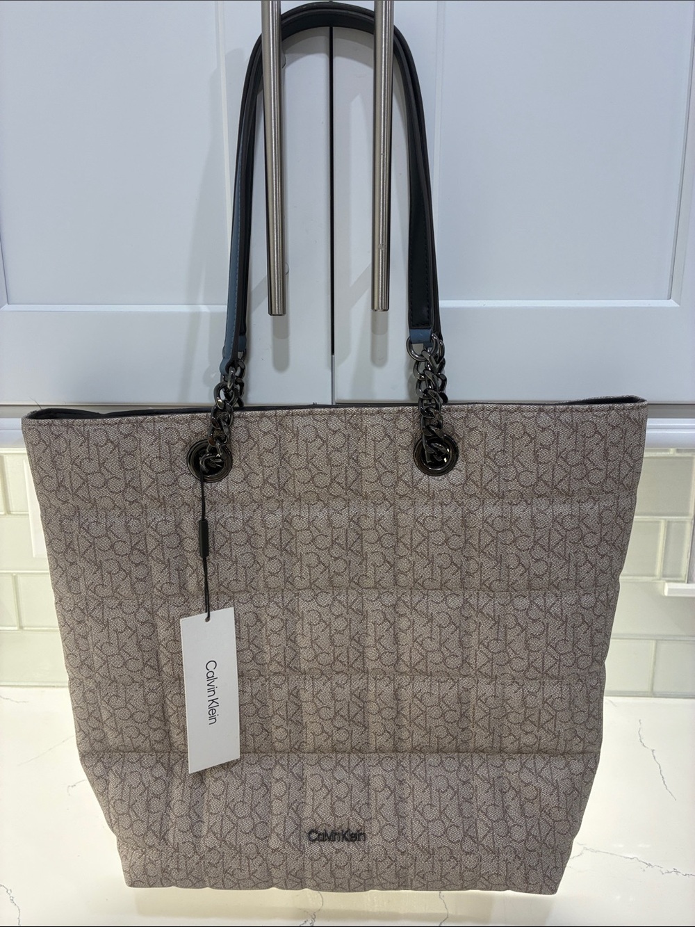 Calvin Klein Beige Monogram Quilted Tote with Chain-Accent Straps